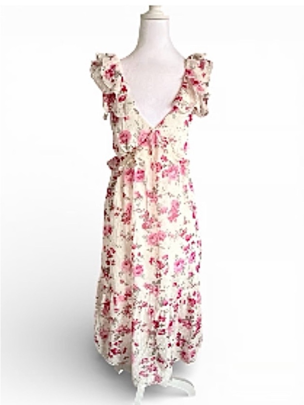 Trixxi Cream Small Maxi Dress with Pink Floral Print and Ruffle Straps